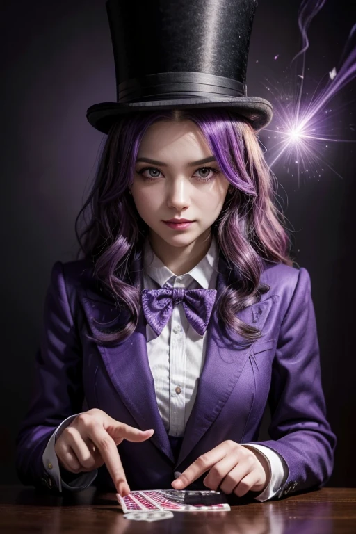 (Magician), (top hat), girl wearing purple magician clothing, she has a sly smirk, curly hair with purple highlights, she's manipulating playing cards with a purple aura, 8k, epic lighting, photorealistic, best quality.