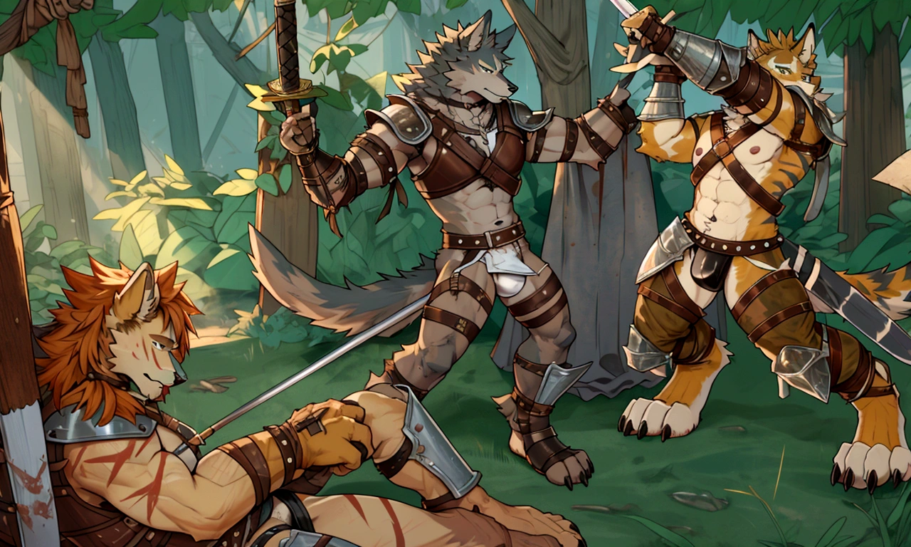 Solo Sexy young anthro furry wolf male mercenary medieval solider, slim endomorph muscular, anthro handsome gay shorter muzzle, handsome gay model male apperance, sword scars, worn out leather skimpy armament, low on hips heavy leather belt, old very worn out skimpy dirty linen material jockstrap, old yellow dirty worn out stains on white sawn jockstrap, very visible "x" brown seam pattern on the jockstrap, studded skimpy armlets breastplate armor, skimpy breastplate, leather bondages, fingerless leather gloves, smelly unwashed furr, dirty body look, desert battlefield, standing in sexy fighting position, close view of full character