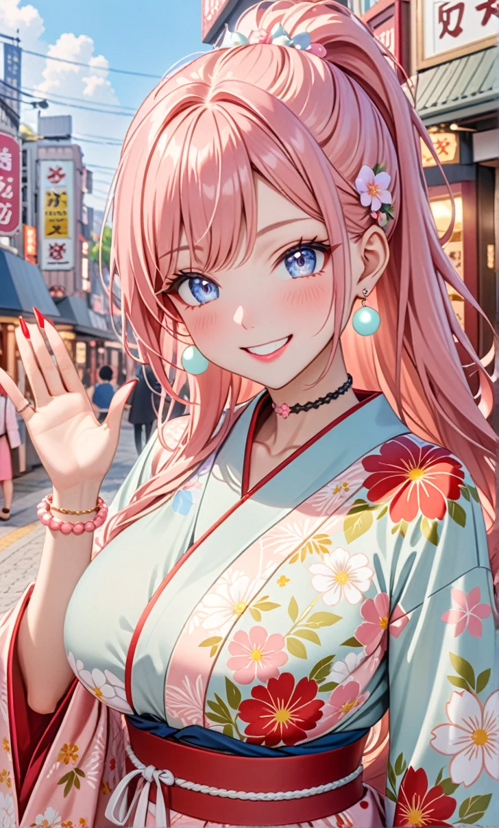 ultra-detailed, ((one girl)), in pastel colors girl, hyper detailed, absurdres, 8K, Beautiful Face, (Laugh shyly), ((teasing smile:1.8)), ((Wink:1.8)), (Laugh with your mouth wide open),(Tilt your head:1.3), View your viewers, ((Bright red cheeks:1.6)),Glossy Red Lips, ((Big Breasts:1.5)), (valley),night, Shrine festival stalls, (Brighten your face), ((Anime style background)),masterpiece, Highest quality, so beautiful,Latest, Complex details, (Pink long nails), (nail art), (ring),(bracelet), (Floral Choker),AI-generated, Complex,High resolution, Highest quality, super high quality,3D Images、3D Images,One person,Pastel pink long hair,(High Ponytail), (wavy hair:1.3), Pastel anime woman posing for a photo, ((Fine grain、blue eyes、glowing eyes:1.4)), (Squint your eyes:1.1),a hyperRealistic , hyperRealistic , Realistic,Anime woman with long pastel pink hair, Smooth anime CG art, A girl in a gorgeous pastel-colored kimono, ((Pastel-colored furisode)),(Pink large floral pattern) ,Long flower hair ornament,Floral Earrings,Mature Body, tall,Abdominal muscles,Tight waist,((arched back:1.9)), (front view),
