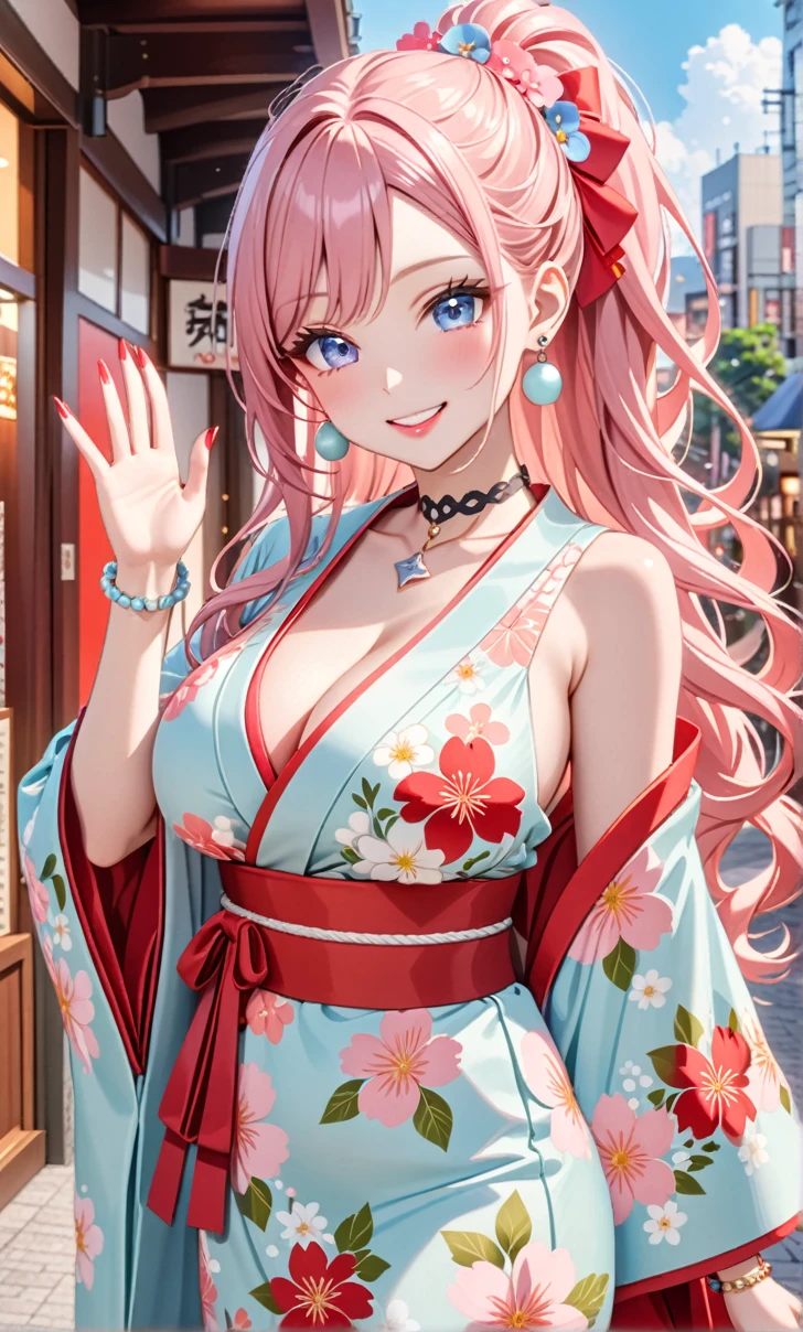 Super detailed, ((One personの少女)), (Pale skin:1.4), Pastel colored gal, (Heavy makeup), (Professional Lighting) Super detailed, Absurd, 8K, Beautiful Face, (Laugh shyly), ((Teasing Smile:1.8)), ((Wink:1.7)), (Laugh with your mouth wide open),((Tilt your face:1.6)), View your audience, ((Bright red cheeks:1.6)),Glossy Red Lips, ((Big Breasts:1.6)),  ((Take off:1.2)), noon,  Shrine Festivals,stall, ((Licking a candy apple stick:1.3)), ((Anime style background)),masterpiece, Highest quality, so beautiful,up to date, Complex details, (Pink long nails), (nail art), (ring),(bracelet), (Floral Choker),AI-generated, Complex,High resolution, Highest quality, super high quality,3D Images、3D Images,One person,Pastel pink long hair,(High Ponytail), (Wavy Hair:1.3), Pastel colored anime woman posing for a photo, ((fine grain、blue eyes、Glowing Eyes:1.4)), (Squint your eyes:1.1), (one eye closed:1.6), a hyperRealistic , hyperRealistic , Realistic,Anime woman with long pastel pink hair, Smooth anime CG art, A girl wearing a gorgeous kimono in pastel colors, ((Pastel-colored furisode)),(Pink large floral pattern), (Side bust),  Long flower hair ornament,Floral Earrings, Mature Body, expensive,Tight waist,((From the side)), ((Leaning forward:1.2)),