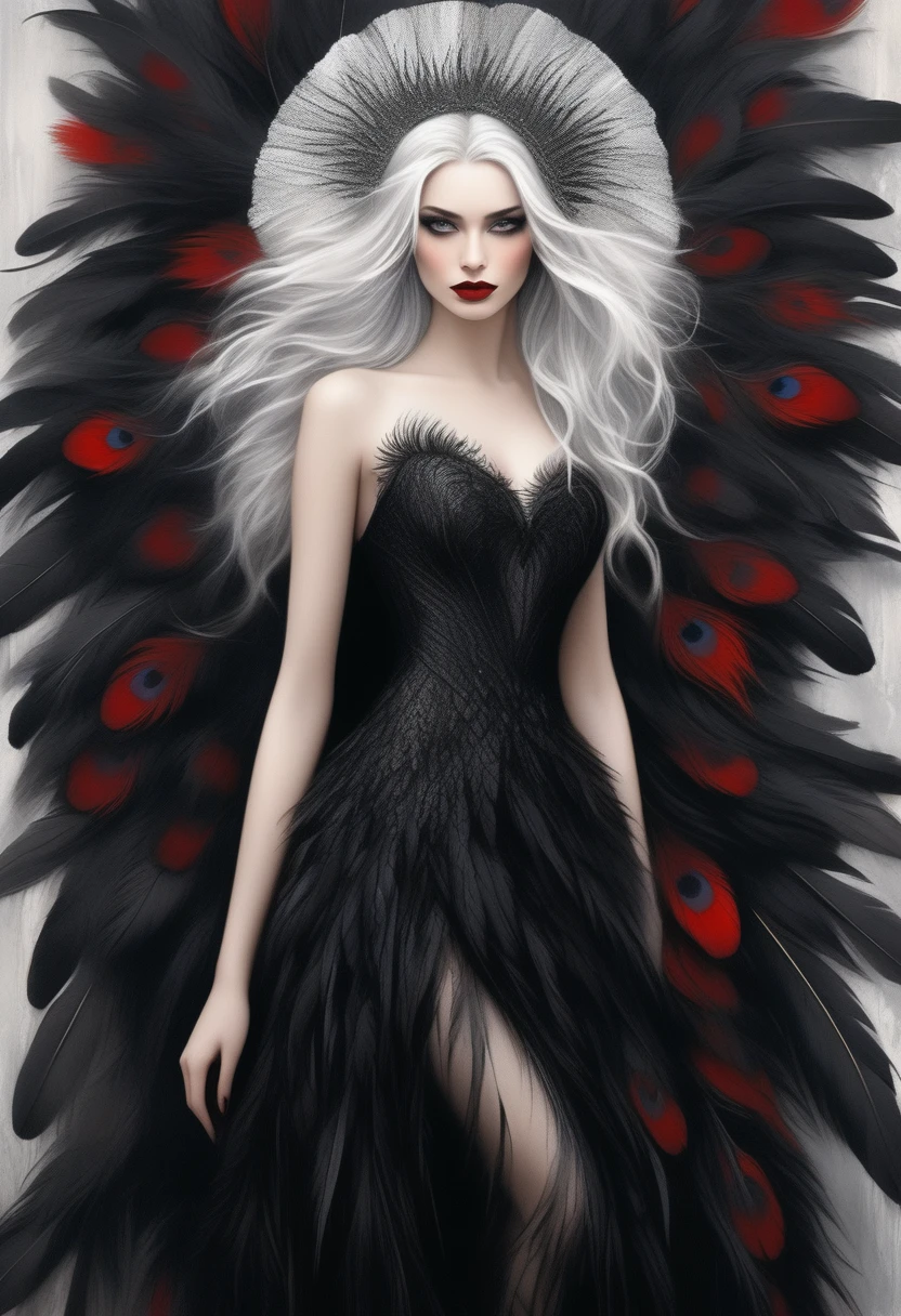 A stunning woman stands before you, her flowing dress adorned with black feathers and red veins. Her white face is a canvas for her bold red lips and her silver hair cascades down her back. The image is rendered in a dark, gothic style, with intricate details on the feathers and veins