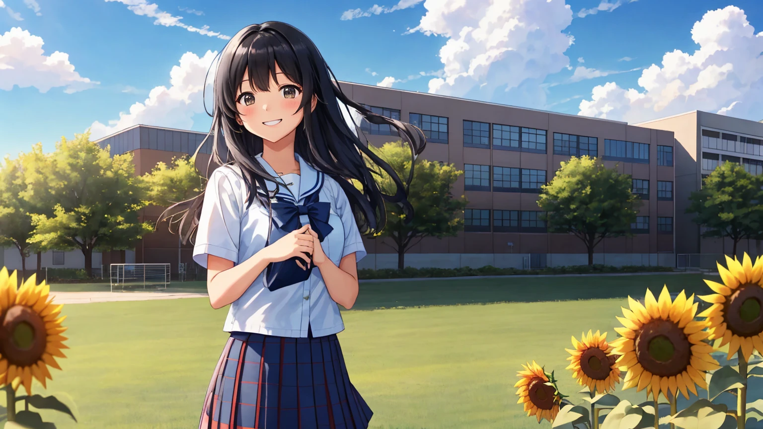 A large schoolyard in midsummer、The background is a summer blue sky, cumulonimbus clouds, school buildings and sunflowers.、A shot of a high school girl、She is wearing a summer private high  with a checkered skirt all over.、Her long black hair is blowing in the wind.、She is looking up at the sky in a cute pose with a refreshing smile of youth.。