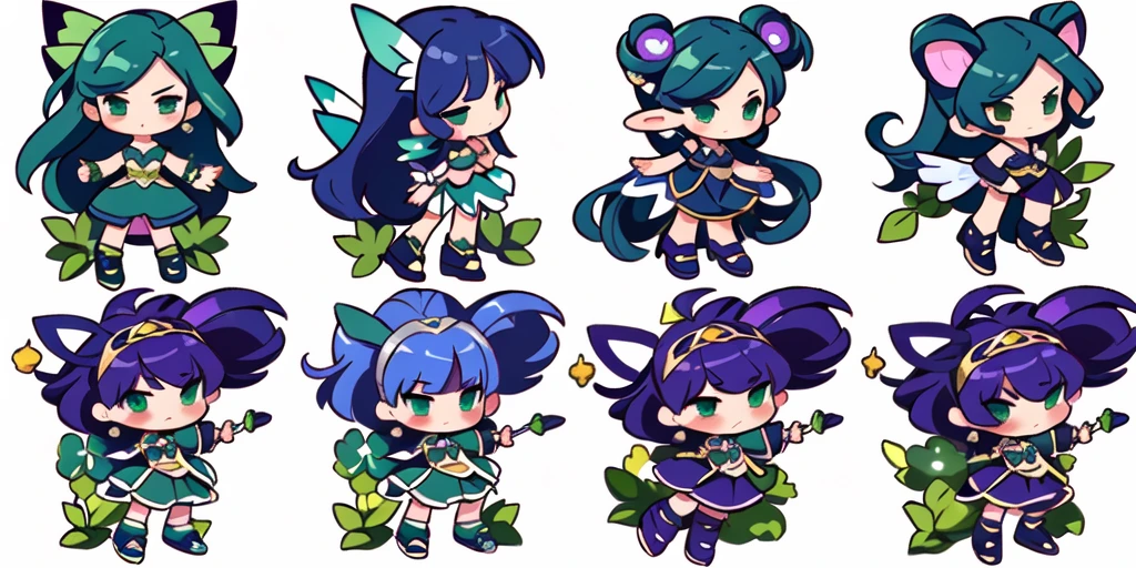 a close up of a cartoon character with different poses, spritesheet, sprite sheet, with familiar sprites, sprites, fairy girl, morgana, default pose neutral expression, twirling, sprite 2 d, shady, green fairy, smol, multiple poses, cute chibi, kawaii