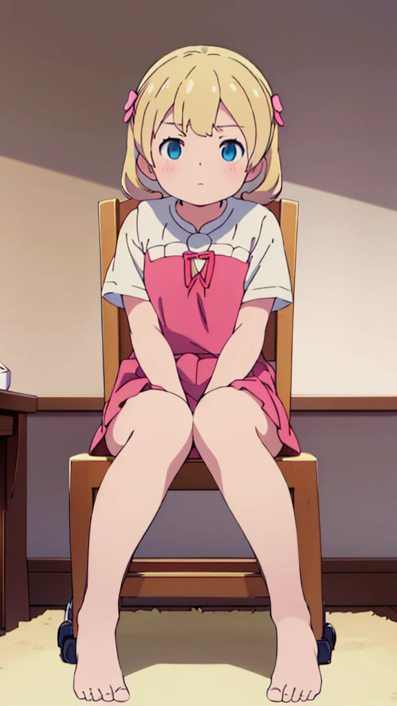 ((masterpiece))((Highest quality))Sitting in a chair、Blonde twin tails、(So that your whole body can be seen)、Directly in front、No background、(Put your feet on the ground)