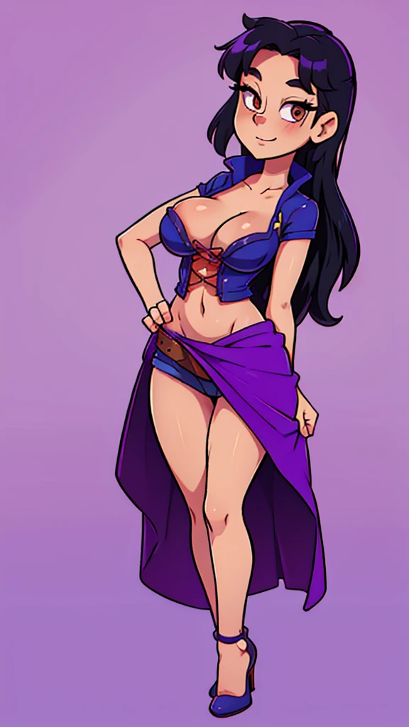 A tall sexy sensual girl, beautiful, long black hair, her brown eye, dresses in a corset, purple thread, shows her navel and a purple denim skirt, long purple heel.