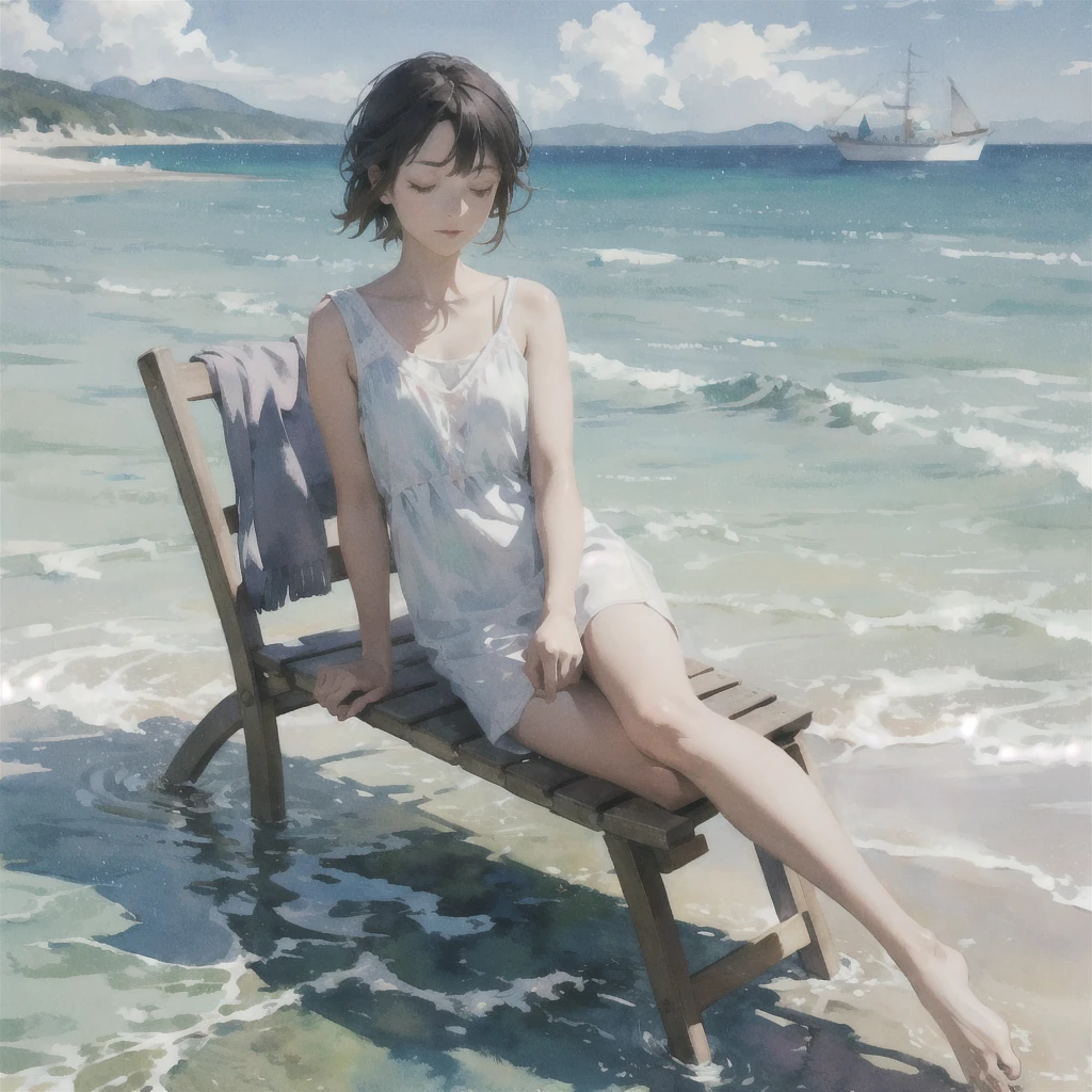 Tranquil voyager girl, in watercolor style, Photorealism, discreet pink and mint shades, barefoot