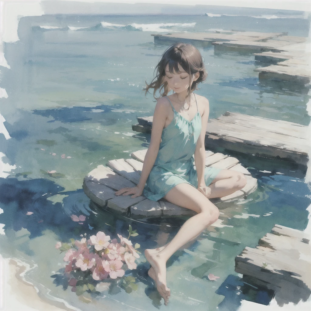 Tranquil voyager girl, in watercolor style, Photorealism, discreet pink and mint shades, barefoot