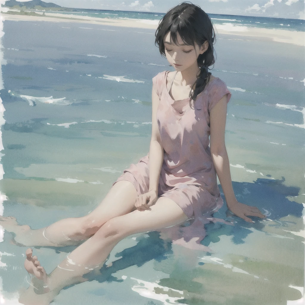 Tranquil voyager girl, in watercolor style, Photorealism, discreet pink and mint shades, barefoot