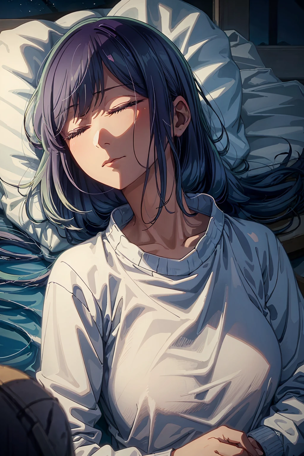 best quality, masterpiece, 1 girl, alone, eyes closed, calm facial expression, sleeping, side perspective, night lights