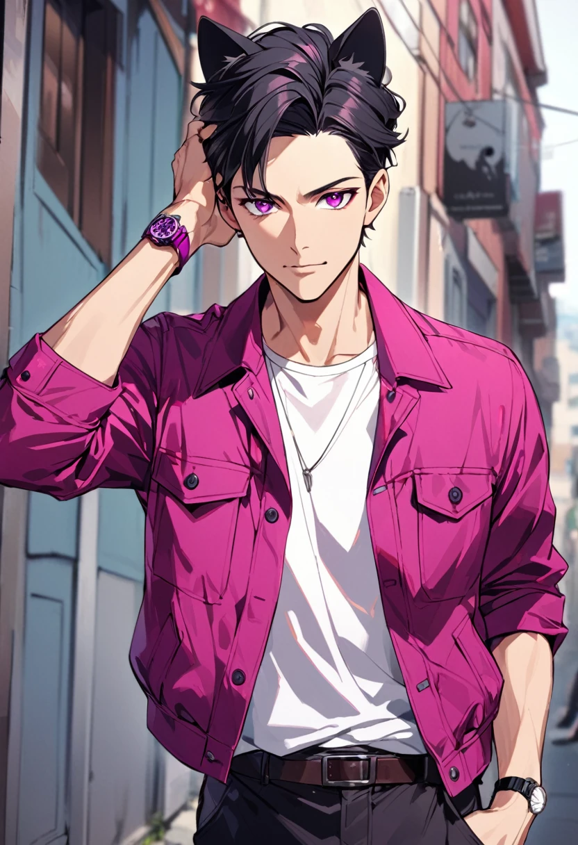 1man, short black hair, only black cat ears at the top of my head, bright magenta eyes, wearing a magenta casual jacket, wearing a white undershirt, wearing black pants , wearing o vintage magenta watch, showing watch.