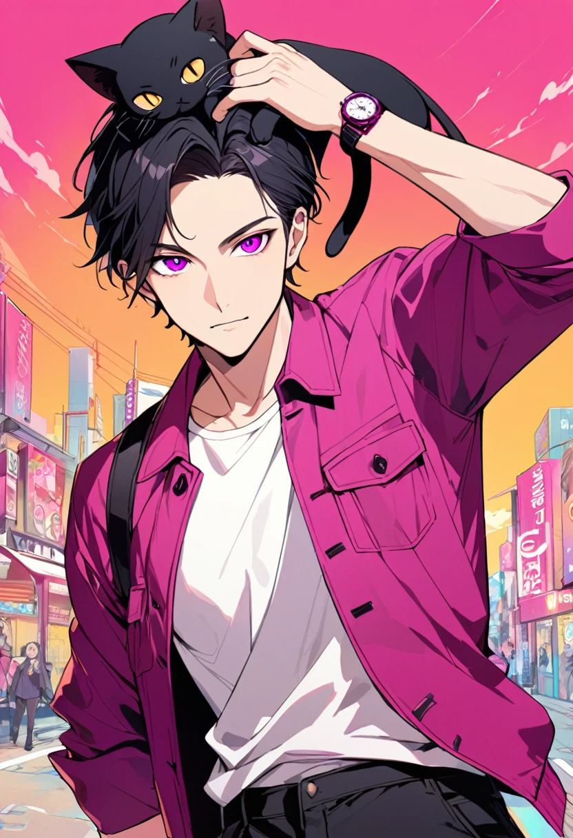 1man, short black hair, only black cat ears at the top of my head, bright magenta eyes, wearing a magenta casual jacket, wearing a white undershirt, wearing black pants , wearing o vintage magenta watch, showing watch.