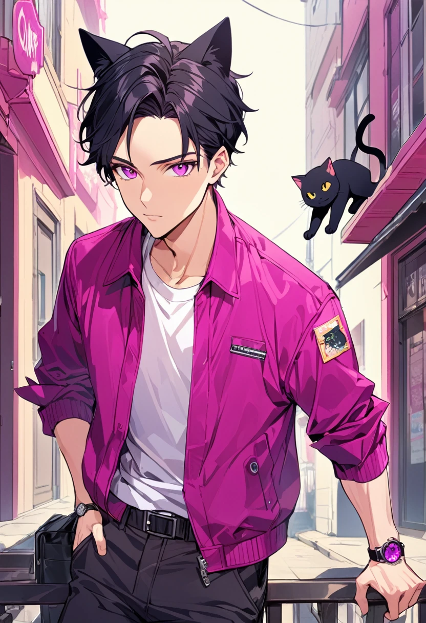1man, short black hair, only black cat ears at the top of my head, bright magenta eyes, wearing a magenta casual jacket, wearing a white undershirt, wearing black pants , wearing o vintage magenta watch, showing watch.