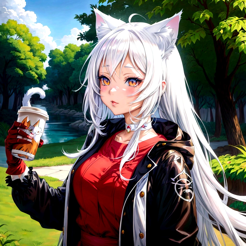 anime girl with white hair holding a cup of coffee, anime girl with cat ears, beautiful anime catgirl, very beautiful anime cat girl, cute anime catgirl, white cat girl, anime catgirl, anime cat, very beautiful cute catgirl, white - haired fox, girl with cat ears, anime girl drinks energy drink, realistic anime artstyle, attractive cat girl