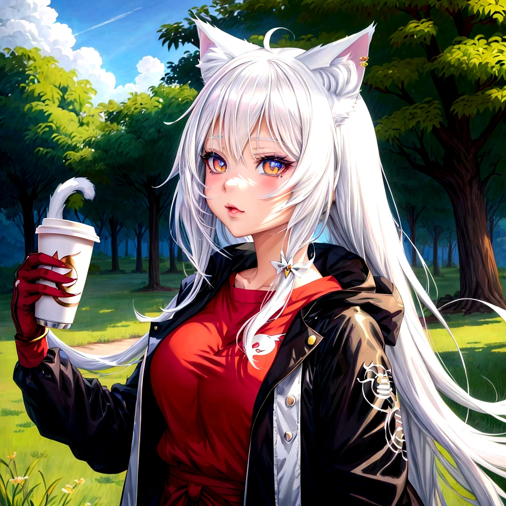 anime girl with white hair holding a cup of coffee, anime girl with cat ears, beautiful anime catgirl, very beautiful anime cat girl, cute anime catgirl, white cat girl, anime catgirl, anime cat, very beautiful cute catgirl, white - haired fox, girl with cat ears, anime girl drinks energy drink, realistic anime artstyle, attractive cat girl