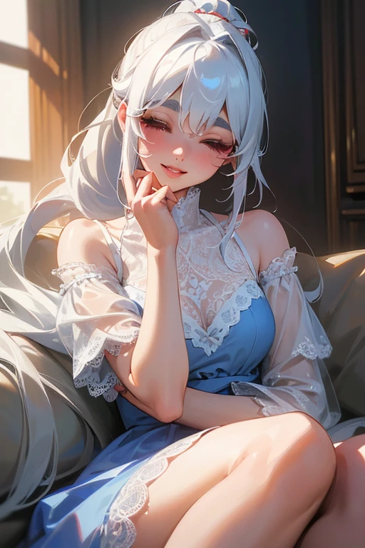(Highest quality, masterpiece:1.2), (High resolution, 最高masterpiece).(difficult).Very detailed, Realistic:1.37, Fantasy, An illustration,Gray Hair、 Red eyes、Queen, White and blue dress、beautifully、Eyeshadow Red、Thick eyebrows、Long eyelashes、pupils are black、shiny on the lips、Top Sites、Queen、Princess、A kind smile、Show your teeth a little and smile、Soft impression、people々々々々Loved by、Slimming the face、Shoulder Bare、ponytail、Kissing Face、Long white hair、Shaggy Bangs、Save face image、((Lace Underwear)).sexy、