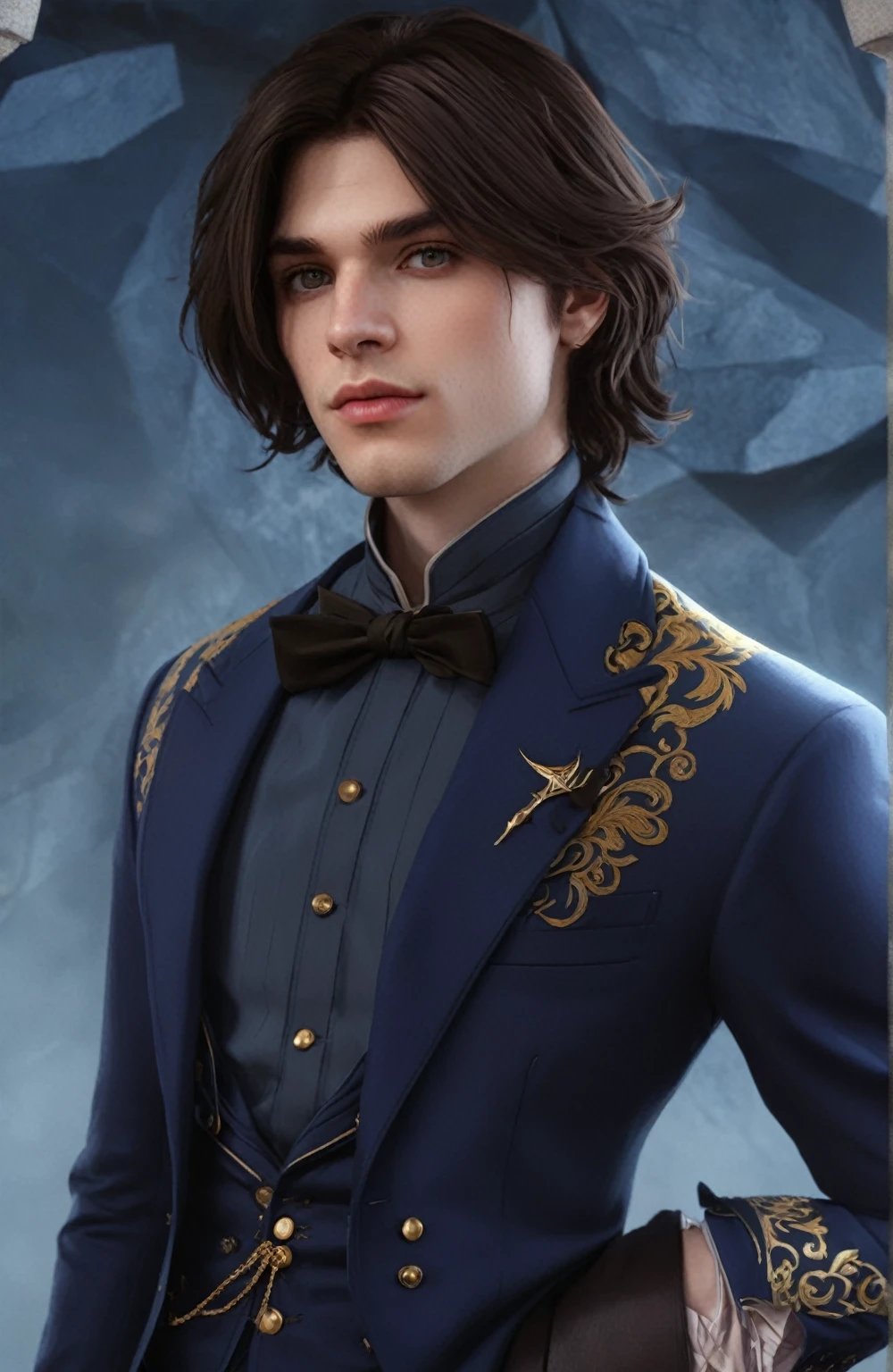 a close up of a person in a suit blue suit with golden details (pale skin dark brown hair and grey eyes), delicate androgynous prince, beautiful androgynous prince, caleb from critical role, highly detailed exquisite, handsome guy in demon slayer art, highly detailed character, hyperdetailed fantasy character, handsome male vampire, wolfgang lettl highly detailed, detailed character portrait, official character art, handsome stunning realistic
