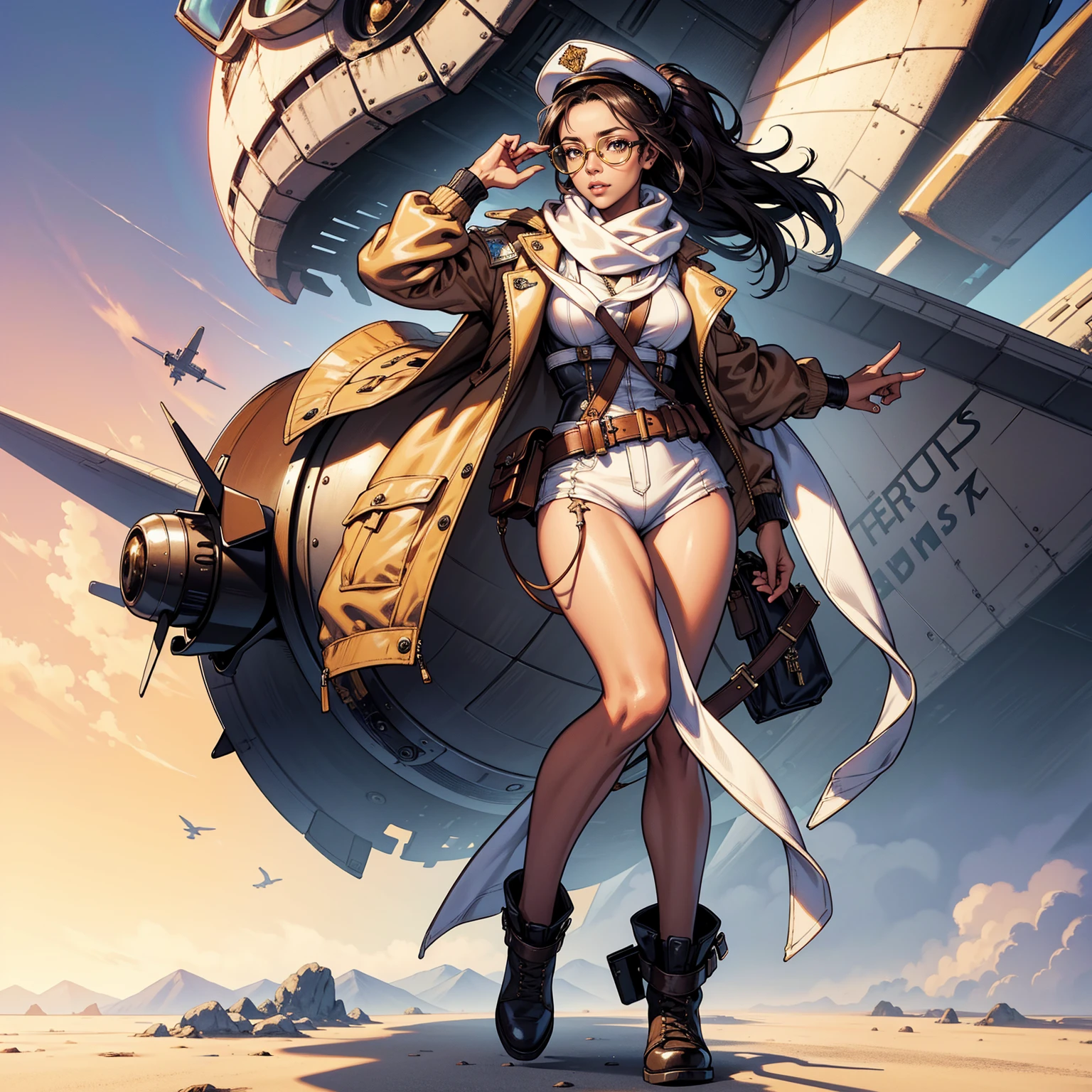 Masterpiece, Professional, High Definition - quality, sharp focus, perfect artwork, Best Illustration, trending on artstation, UHD, 4k, full body, NSFW
beautiful african american woman in aviator jacket, white scarf and aviator bomber hat with goggles standing next to a plane, digital painting, digital illustration, extreme detail, digital art, 4k, ultra hd. her skin is a deep, rich color and her hair is pulled back in a bun