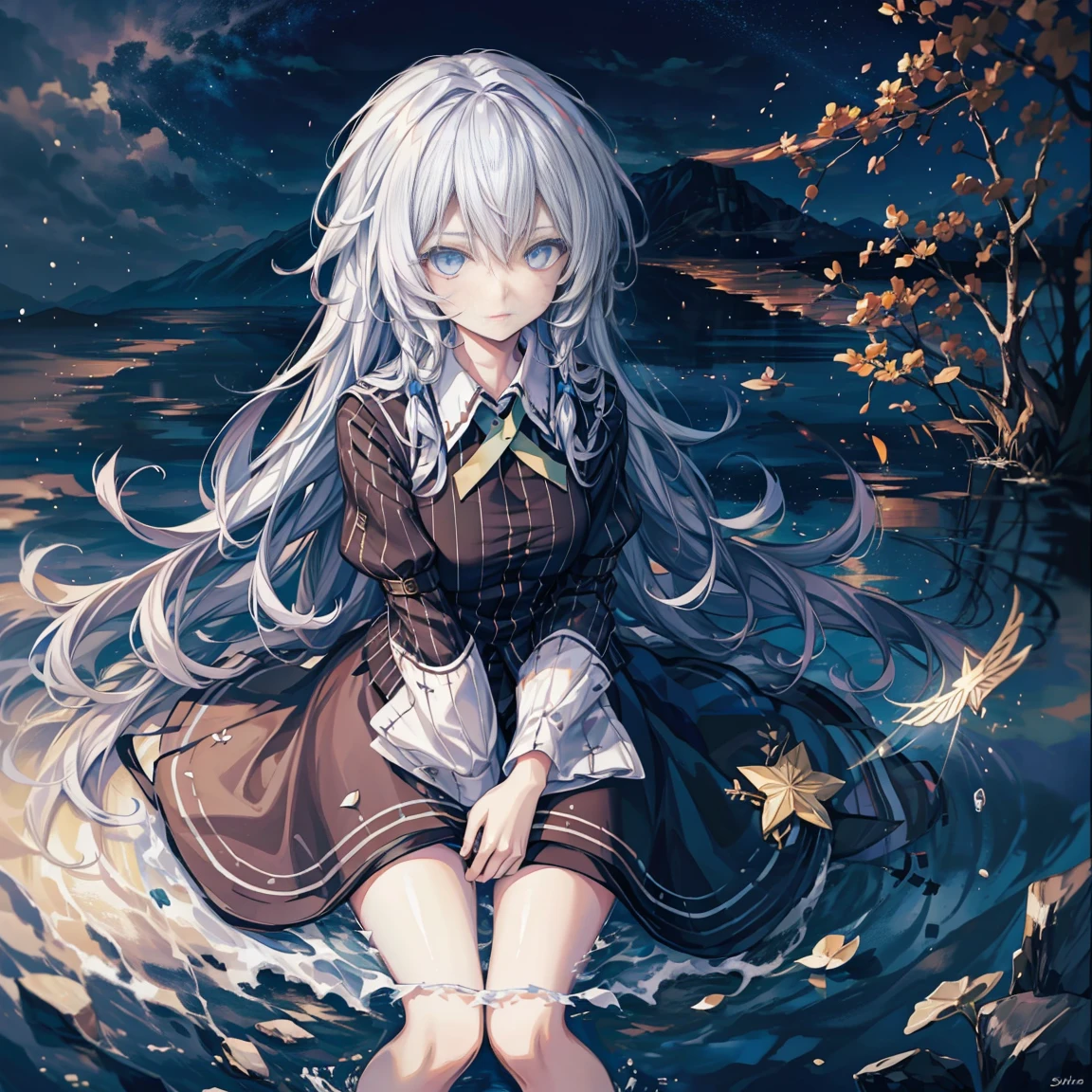 Starry Sky中的少女，moon，Girl smiling at camera，Starry Sky，Looking up，pajamas，doll，nebula，flash，sideways，Space and Time，Flowing long hair，Clouds，Horizontal Insert，Look up，Stars in hand，A river keeps flowing，Colorful story，vibrant light，Complex design，Oil painting of ribbon fluttering in the wind，Stars Flying，Supreme atmosphere，sideways坐下，Sitting