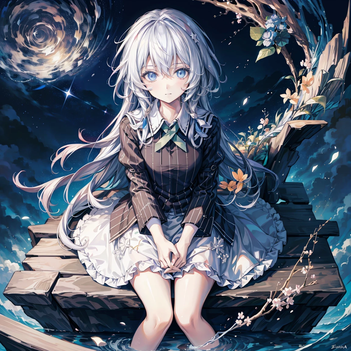 Starry Sky中的少女，moon，Girl smiling at camera，Starry Sky，Looking up，pajamas，doll，nebula，flash，sideways，Space and Time，Flowing long hair，Clouds，Horizontal Insert，Look up，Stars in hand，A river keeps flowing，Colorful story，vibrant light，Complex design，Oil painting of ribbon fluttering in the wind，Stars Flying，Supreme atmosphere，sideways坐下，Sitting