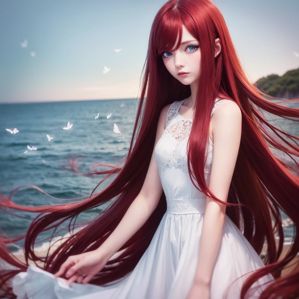 1girl, blue eyes, long eyelashes, red hair, long hair, young, beautiful face, sea background, white dress, butterflies around