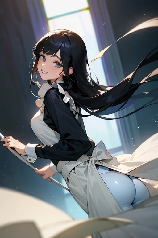 (Highest Resolution, clear_image) Highest quality, single, One Woman, alone, masterpiece, Very detailed, Semi-realistic, Black Hairのショートヘア, Black Hair, bangs, 18-year-old, mature, light blue uniform, uniform, Indoor Background, kind, Authoritative, Powerful, exquisite features, exquisite features、Eyelashes become longer、Showing teeth、smile😀、Maid clothes、reference、Put your hands on your hippie skirt、Upward glance、Boom in the ass、