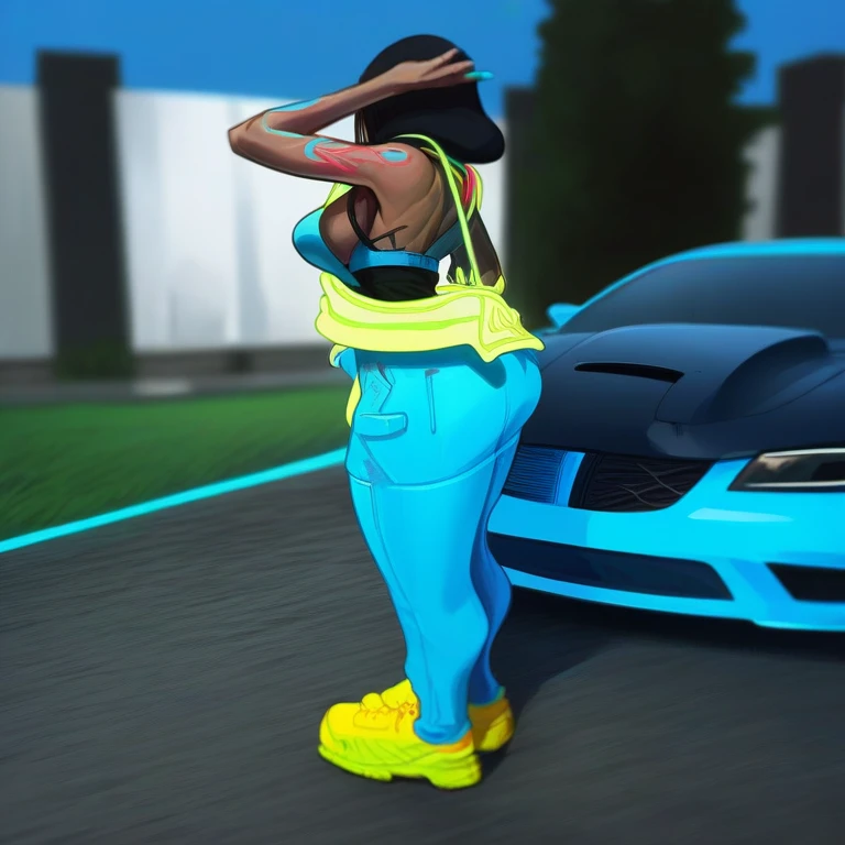 araffe in a blue outfit standing next to a blue sports car, neon vibes, blue neon details, neon vibe, neon color details, blue neon accents, blue neon, neon blue, cyan headlights, wearing a neon blue hoodie, fluo details, ((neon colors)), neon colored, full body!! maximalist details