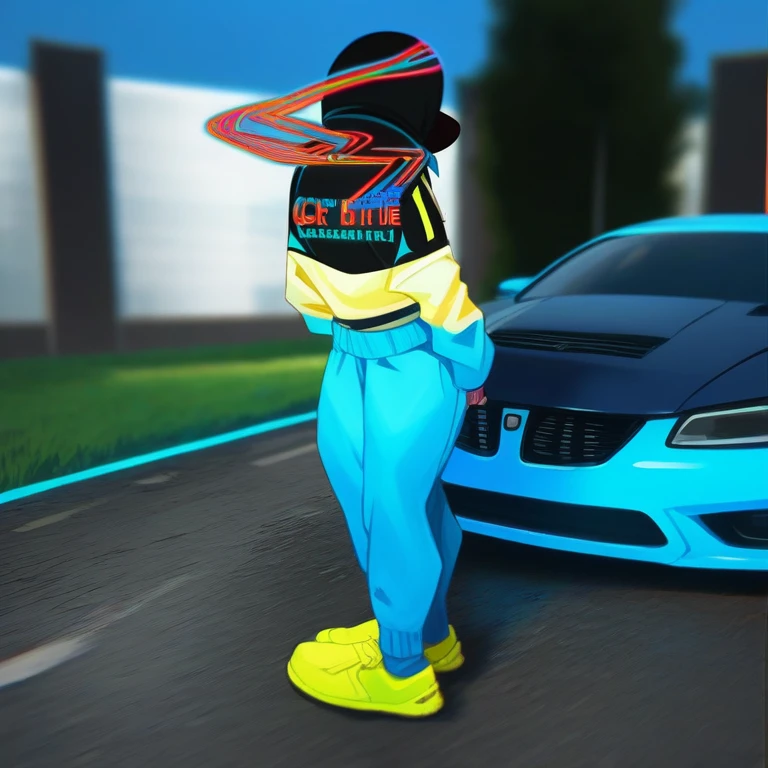 araffe in a blue outfit standing next to a blue sports car, neon vibes, blue neon details, neon vibe, neon color details, blue neon accents, blue neon, neon blue, cyan headlights, wearing a neon blue hoodie, fluo details, ((neon colors)), neon colored, full body!! maximalist details