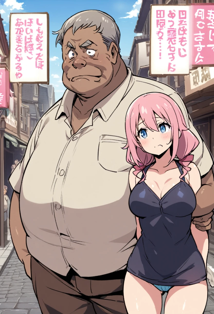 Pink haired girl、Upper Body、Twin Drill、blue eyes、Prostitute、In town、Arm in arm with ugly fat middle-aged man