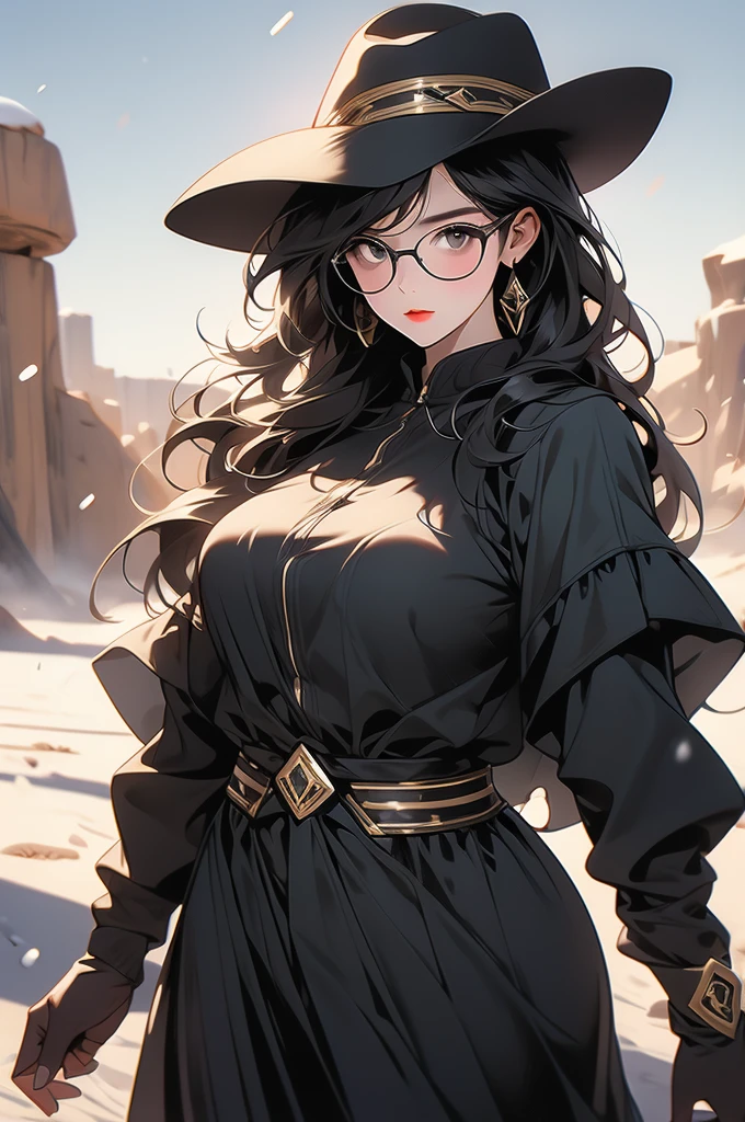 1girl, black duster, black ranger hat, voluptuous, glasses, snow desert