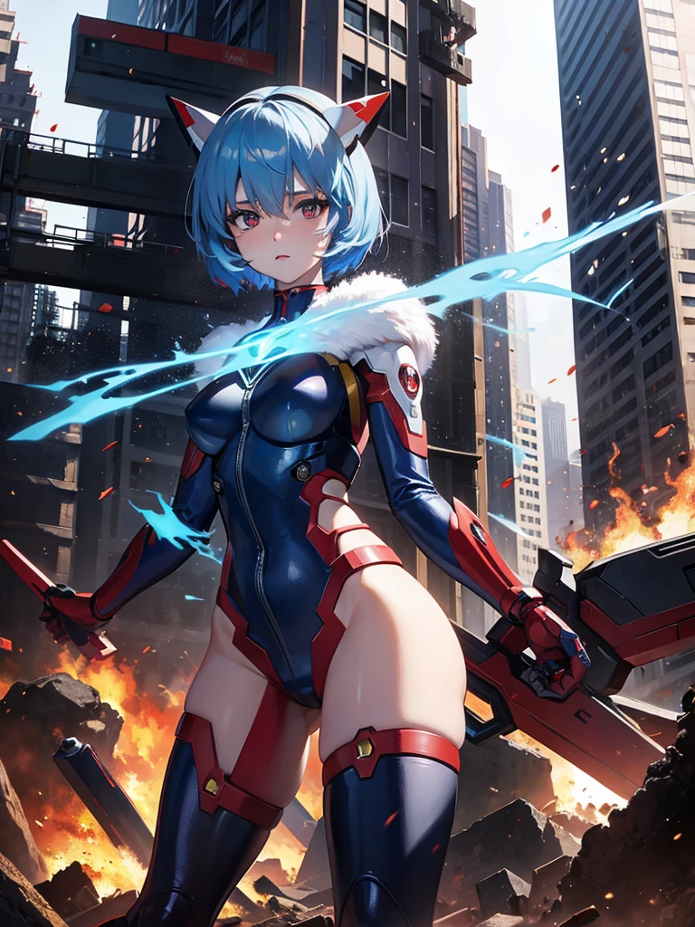 Rei Ayanami, blue fur, red pupils, Iron man costume, city background throws rubble after a fight,