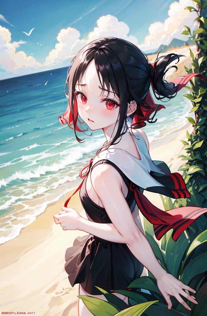 Random pose,Bikini、Black Hair、Small breasts、Random pose、Red ribbon、Pale red eyes、Ocean、Sandy Beach、Blushing、Embarrassed expression、