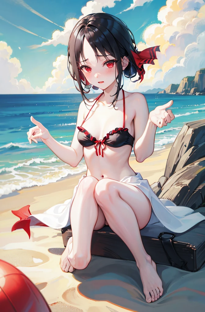 Random pose,Bikini、Black Hair、Small breasts、Random pose、Red ribbon、Pale red eyes、Ocean、Sandy Beach、Blushing、Embarrassed expression、
