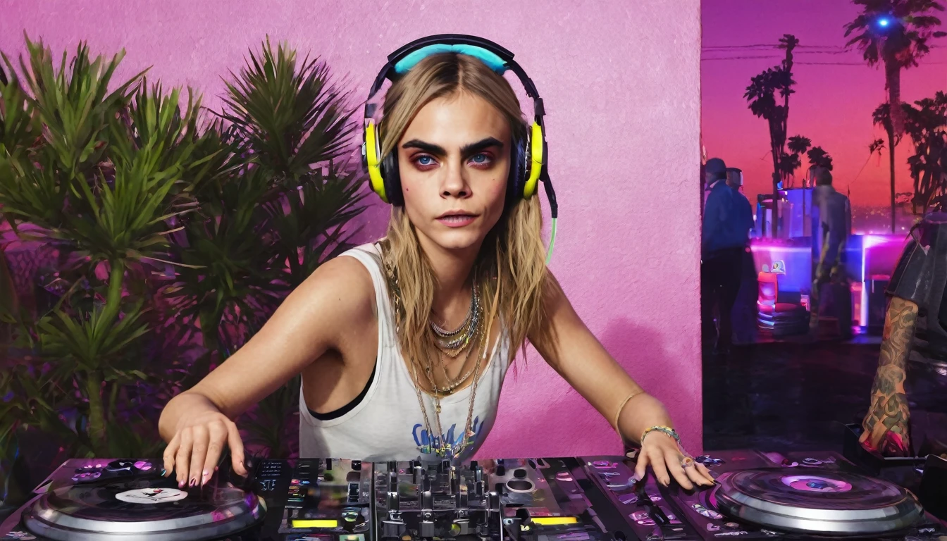 cara delevingne as a dj. LA, holywood, gta V style. ar 16:9