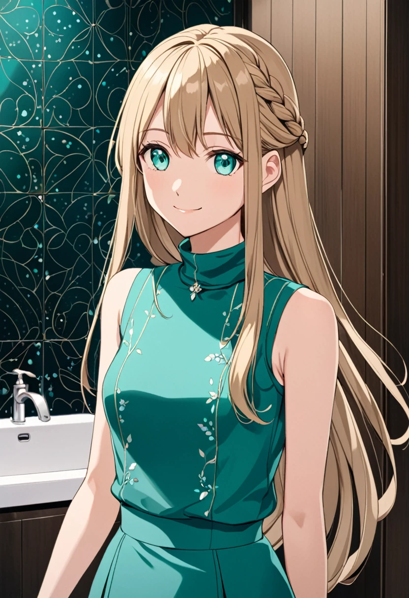  solo, 1, tall, old figure, (straight hair with braid end (dark blonde)), beautiful face, (close mouth:1.2), smiling softly, small breast flat, teal colored crystal themed sleeveless mock-neck dress, black leggings pants and skirts overlay, bathromm, anime style