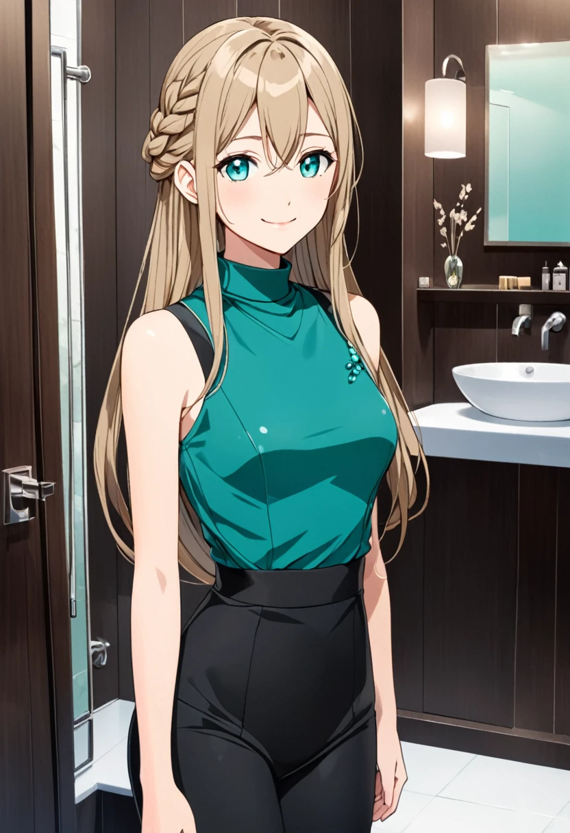 solo, 1, tall, old figure, (straight hair with braid end (dark blonde)), beautiful face, (close mouth:1.2), smiling softly, small breast flat, teal colored crystal themed sleeveless mock-neck dress, black leggings pants and skirts overlay, bathromm, anime style