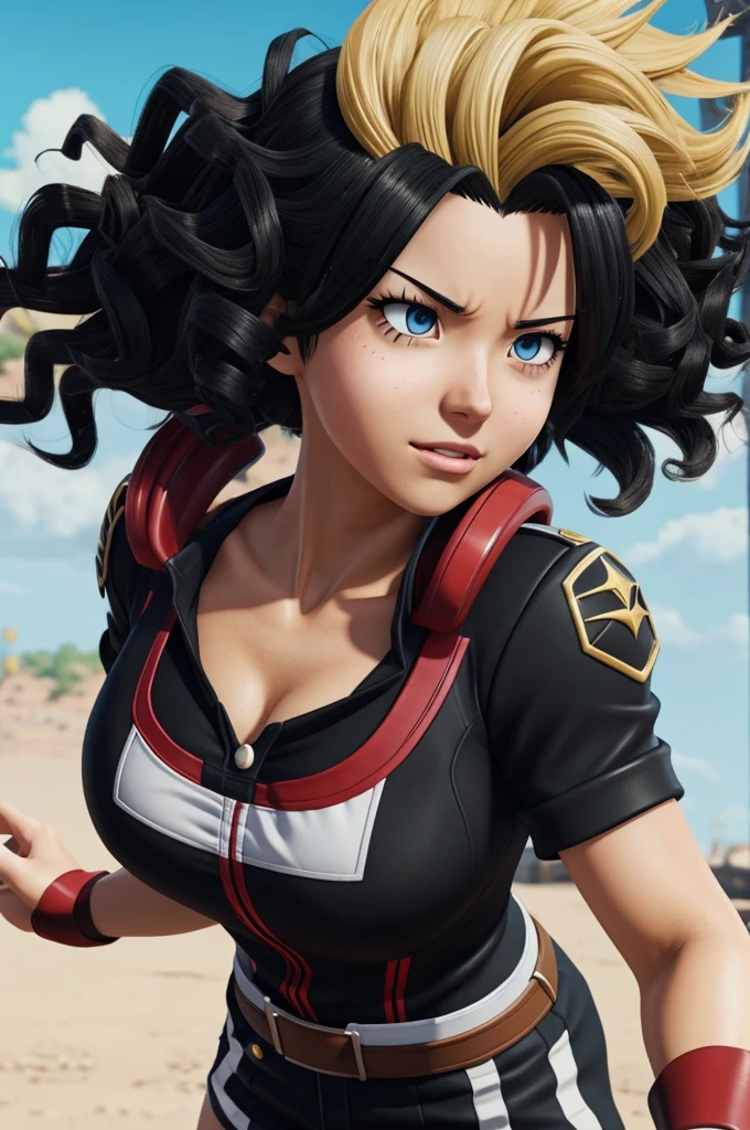 Caulifla, Black hair, Very big tits hard nipples totally naked, wearing black leather jacket, tiny black thong straps, fishnet, high heels, at night club in the background