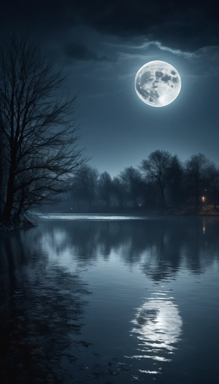 A scary horror image. It was a cold October night, the wind blew gently, and the lake looked like a black mirror, reflecting the light of the full moon. PICTURE REALISTIC, high resolution, 8K