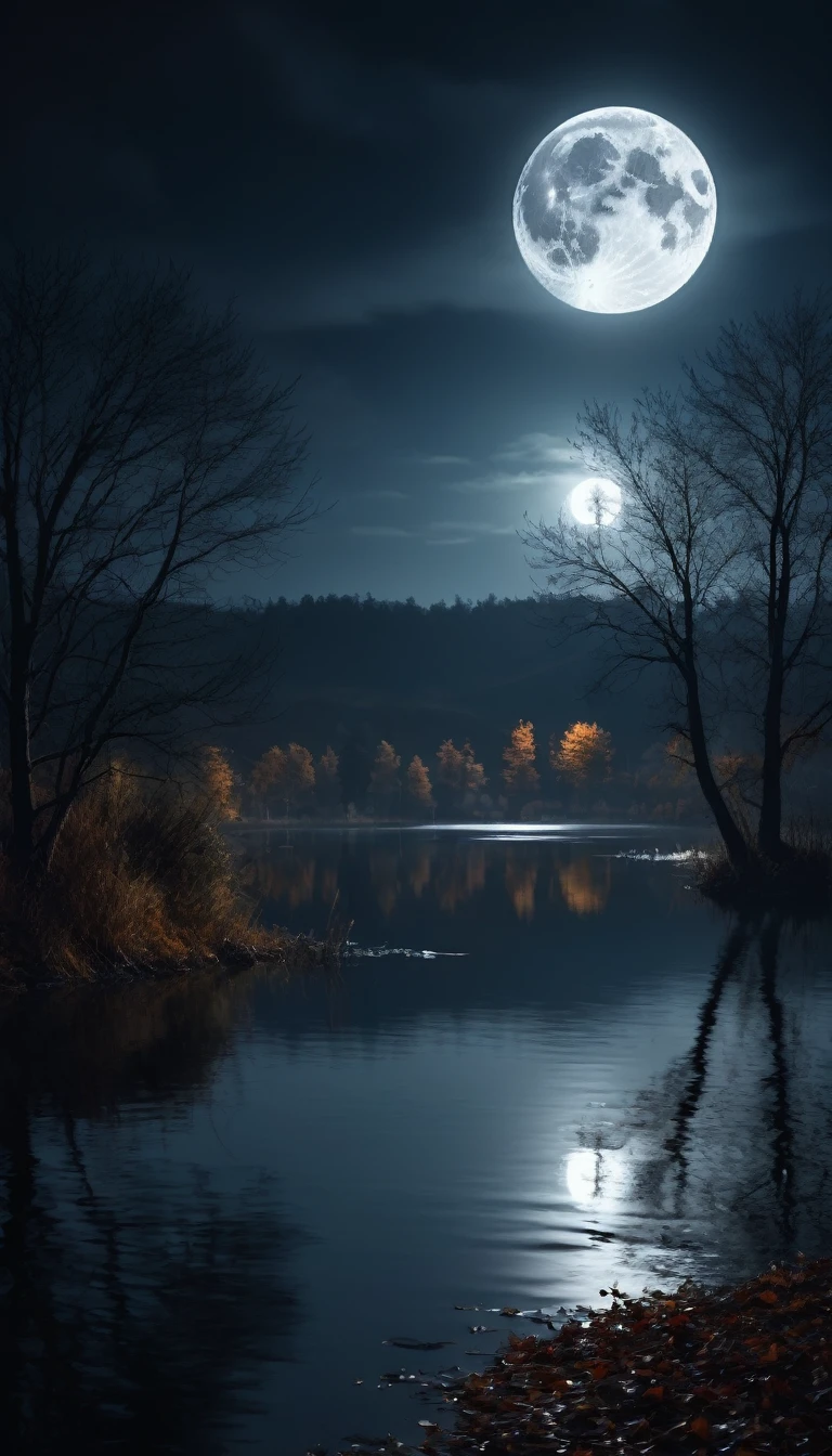 A scary horror image. It was a cold October night, the wind blew gently, and the lake looked like a black mirror, reflecting the light of the full moon. PICTURE REALISTIC, high resolution, 8K 