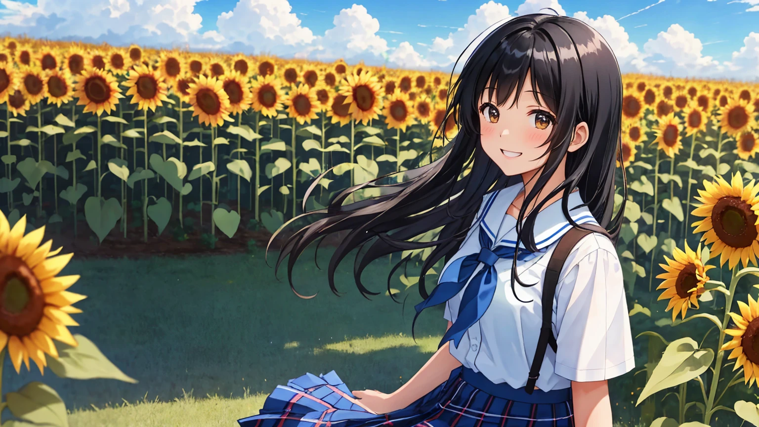 A large schoolyard in midsummer、The background is a summer blue sky, cumulonimbus clouds and sunflowers.、A shot of a high school girl、She is wearing a summer private high  with a checkered skirt all over.、Her long black hair is blowing in the wind.、She is looking up at the sky in a cute pose with a refreshing smile of youth.。