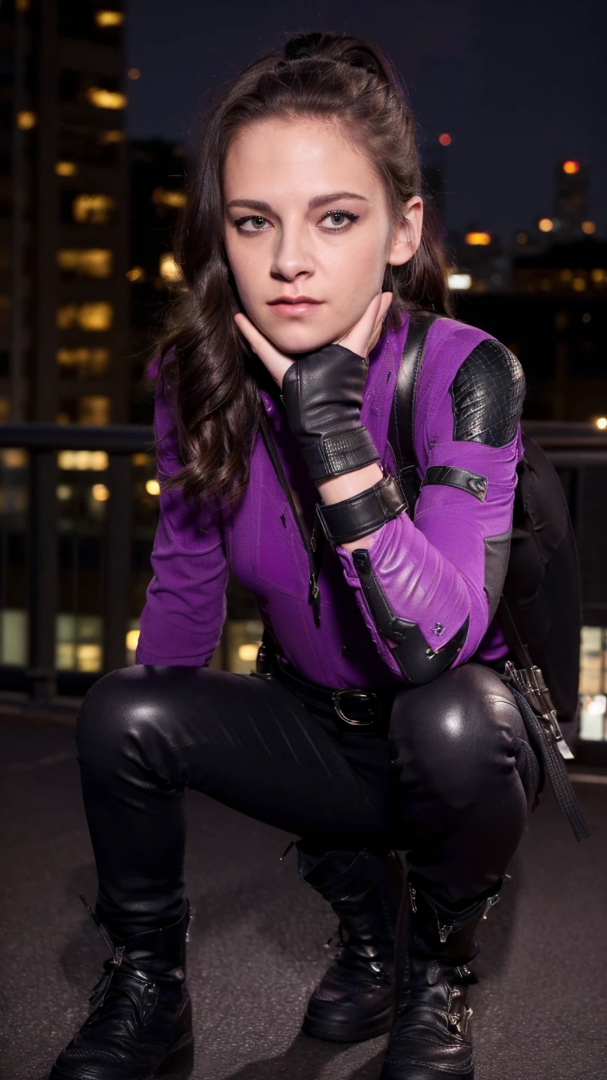 (masterpiece), (photorealistic1.4), (epiCRealLife), (lora:KateBishopFNLoRA:1.0 ribbed bodysuit costume), (KateBishopFNLoRA black leather pants), (KateBishopFNLoRA utilities belt), (leg holster) (KateBishopFNLoRA black gloves), (Kate Bishop Purple Costume),, (epiCFlashPhoto), (harness), (medium height), (bow & arrow on back), (ponytail), (young woman), ,(flashphoto), (flash photography), (make up),(kst3w-v2 ), (Kristen Stewart ),(pose for picture), (black boots), (at night, (on New York Rooftop), (New York Cityscape), (squatting),