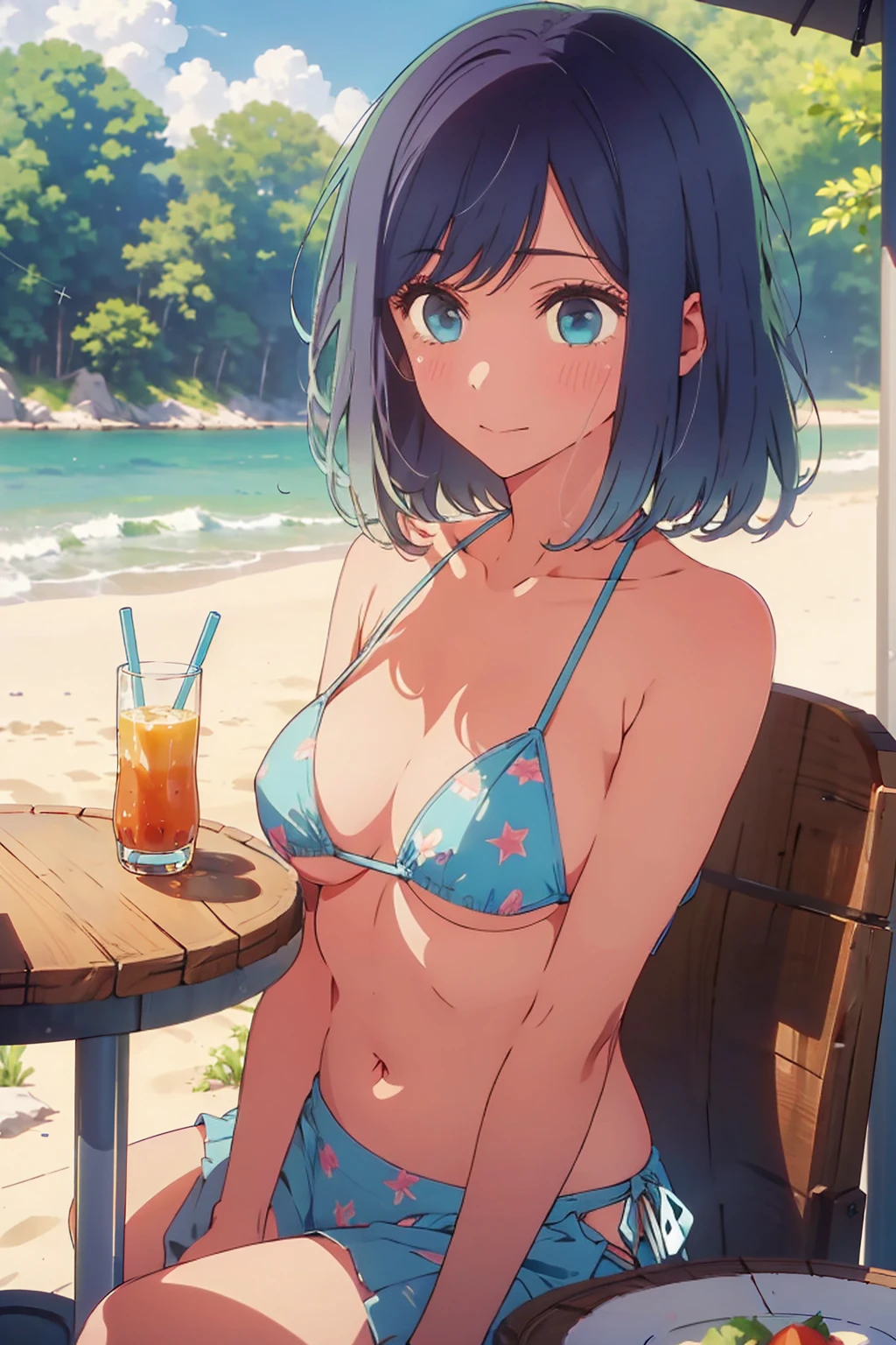 (Highest quality:1.4、masterpiece:1.4、Super detailed:1.4、8K:1.4)、((((1 person、Surprised expression、sit、Outdoor café terrace、coastal、juice、table、Sandy Beach、juiceのグラスを持つ、Plain Bikini、The depth of the written world、Very soft boobs、Big eyes、Very cute face))))、F cup bust、Medium breast、Underboob、Sideboob