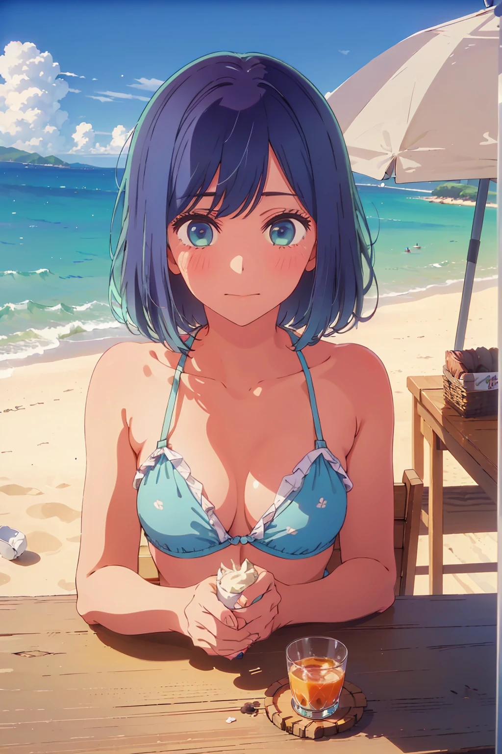 (Highest quality:1.4、masterpiece:1.4、Super detailed:1.4、8K:1.4)、((((1 person、Surprised expression、sit、Outdoor café terrace、coastal、juice、table、Sandy Beach、juiceのグラスを持つ、Plain Bikini、The depth of the written world、Very soft boobs、Big eyes、Very cute face))))、F cup bust、Medium breast