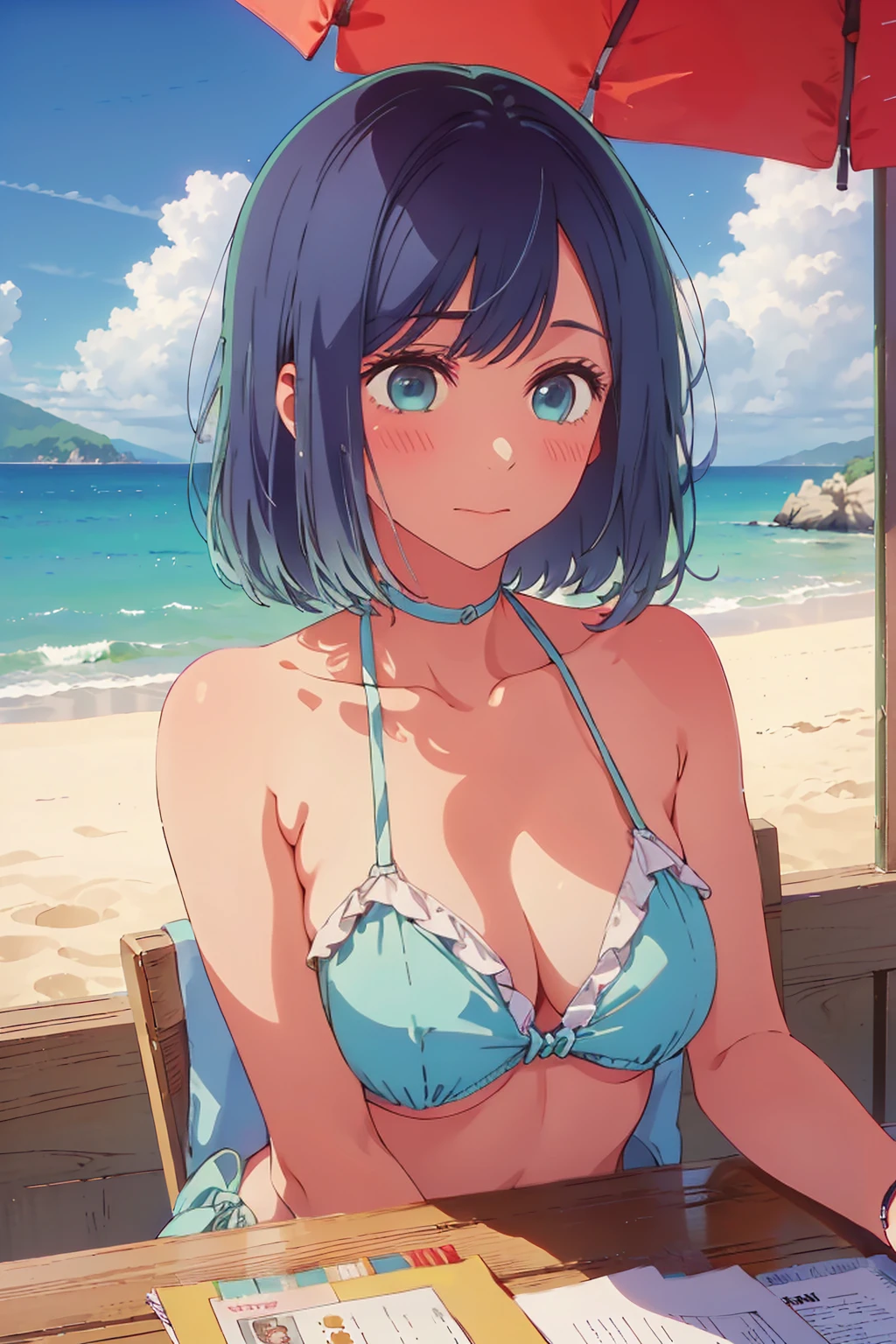 (Highest quality:1.4、masterpiece:1.4、Super detailed:1.4、8K:1.4)、((((1 person、Surprised expression、sit、Outdoor café terrace、coastal、juice、table、Sandy Beach、juiceのグラスを持つ、Plain Bikini、The depth of the written world、Very soft boobs、Big eyes、Very cute face))))、F cup bust、Medium breast