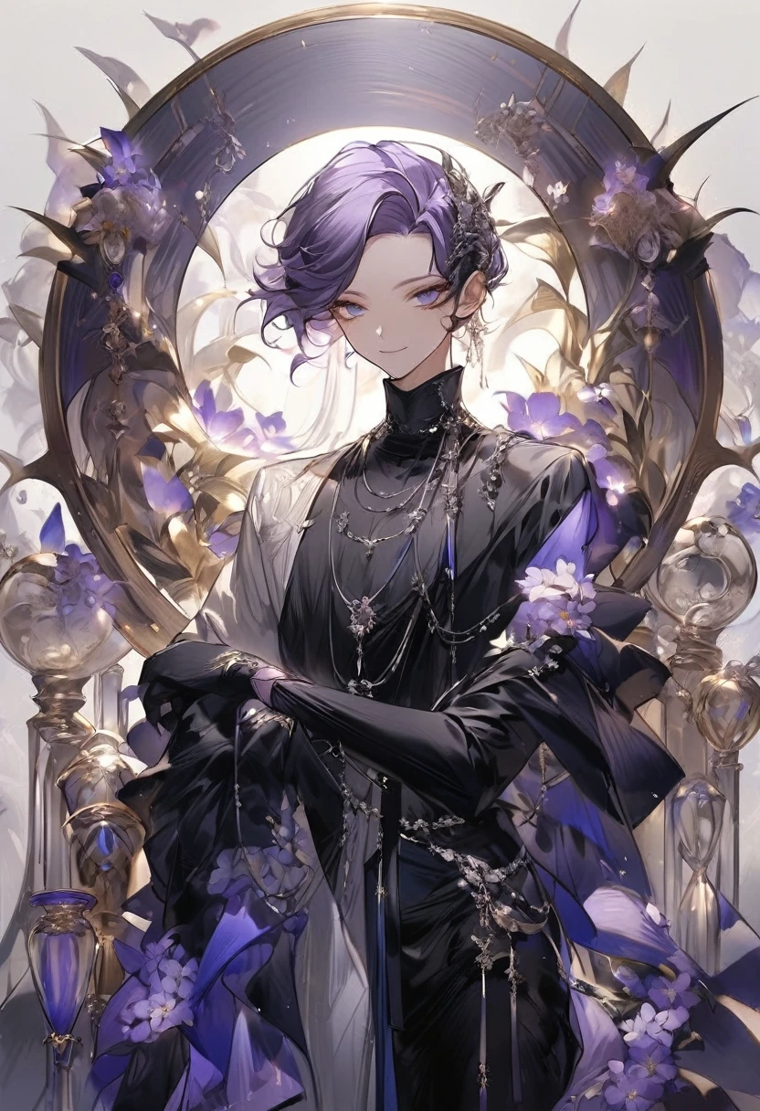 Feminine boy, soft womanish facial features, smile, squinted siren dark blue eyes without glare, silver and dark purple long loose hair with straight bang, fantasy black clothes with blue and purple elements, long black gloves, model, gorgeous, elegant, lots of silver jewelry, flowers in his hair, skinny body, hourglass figure