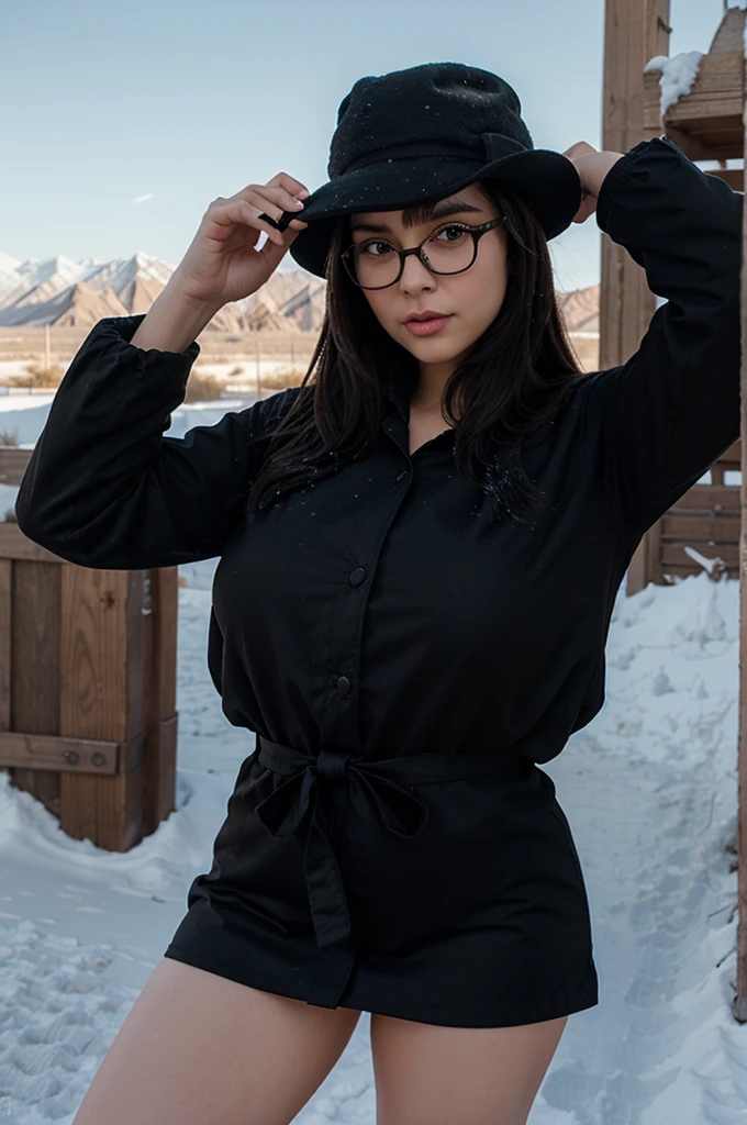 1girl, black duster, black ranger hat, voluptuous, glasses, snow desert