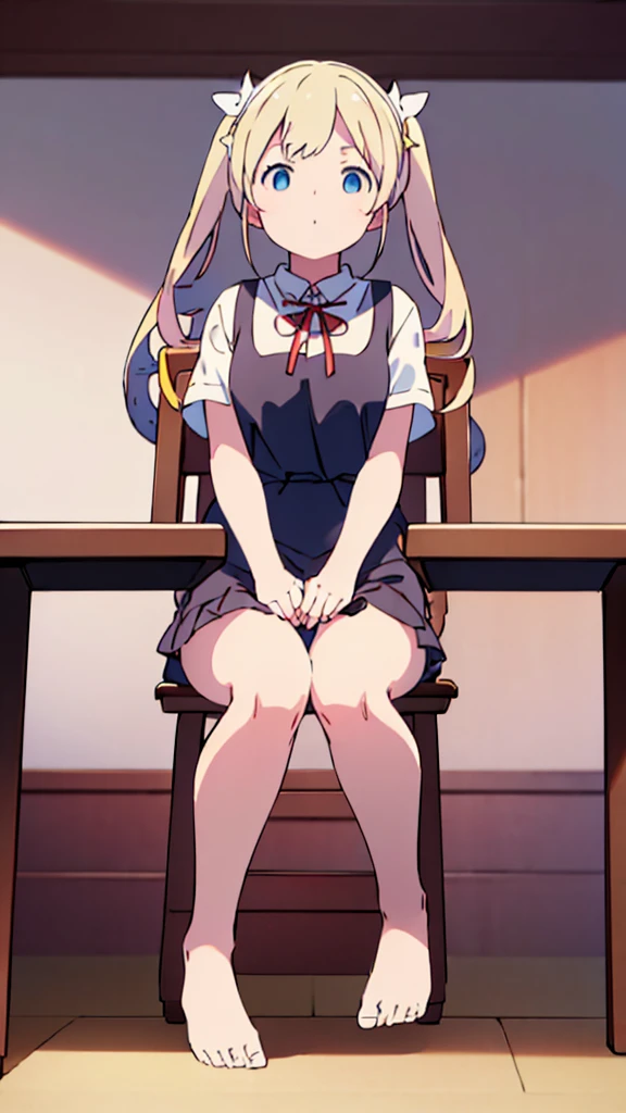 ((masterpiece))((Highest quality))Sitting in a chair、Blonde twin tails、(So that your whole body can be seen)、Directly in front、No background、(Put your feet on the ground)