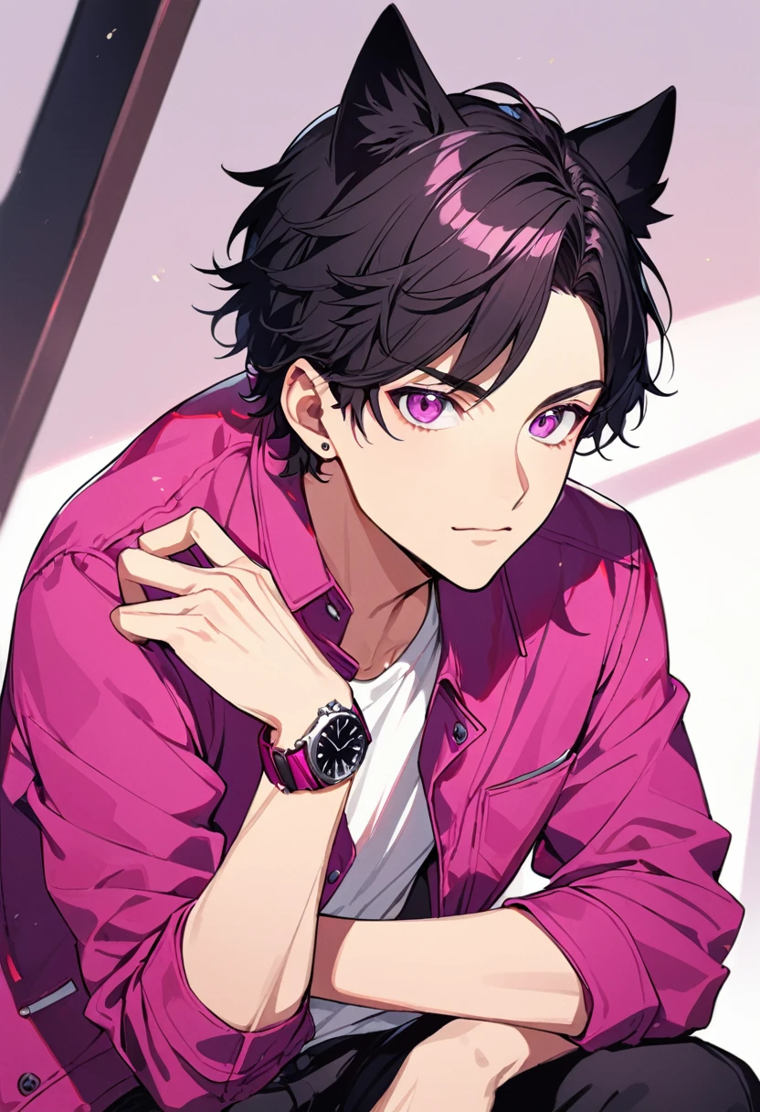1man, short black hair, only cat ears, bright magenta eyes, wearing a magenta casual jacket, wearing a white undershirt, wearing black pants , wearing o vintage magenta watch, showing watch.