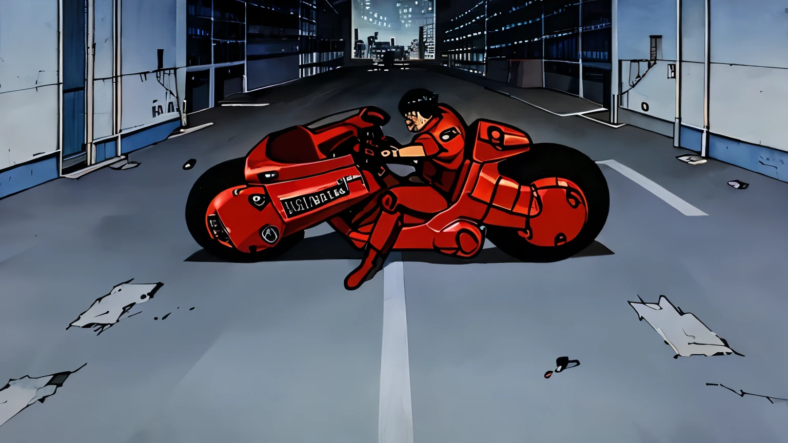 ((best quality)), ((masterpiece)), (detailed), (style of Albrecht Durer), (Akira design), (the scene is seen from the second floor inside a building), futuristic city, some buildings are on fire, a dozen dead bodies are scattered accross the street, Kaneda is driving away on a red bike, his head is turned and he's looking behind him