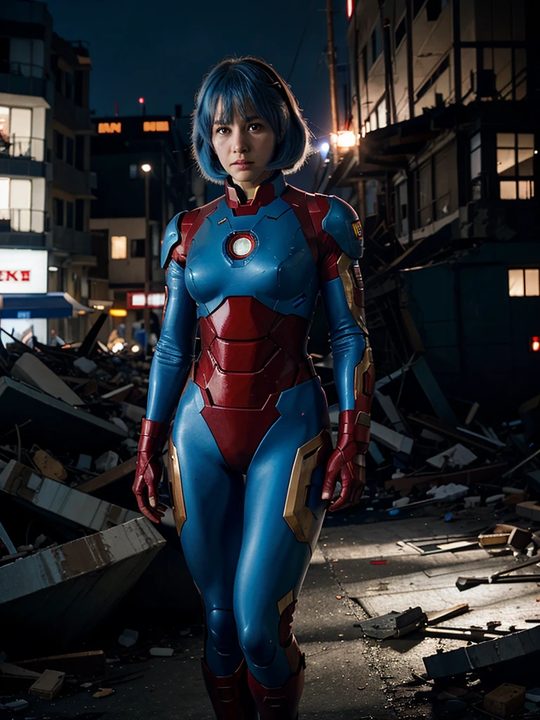Rei Ayanami, blue fur, red pupils, Iron man costume, city background throws rubble after a fight,