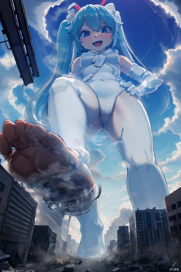 Hatsune Miku、masterpiece、Highest quality、Giantessのイラスト、Giant Spaceman、Giant aliens、smile、Open mouth and show teeth、beautiful身体、simple、beautiful、Anime illustration、Buildings being destroyed beneath our feet、I can see my feet、Draw a woman in a big way、Completely naked、Giantess、Hall々Stand with、Hands on hips、giantess、Black Hair、Long Hair、Low - Angle、Small town view、Destroyed small town、Destroyed small building district、Smoke is rising、The fugitive々、Destructive illustration of a small city with buildings visible in the distance